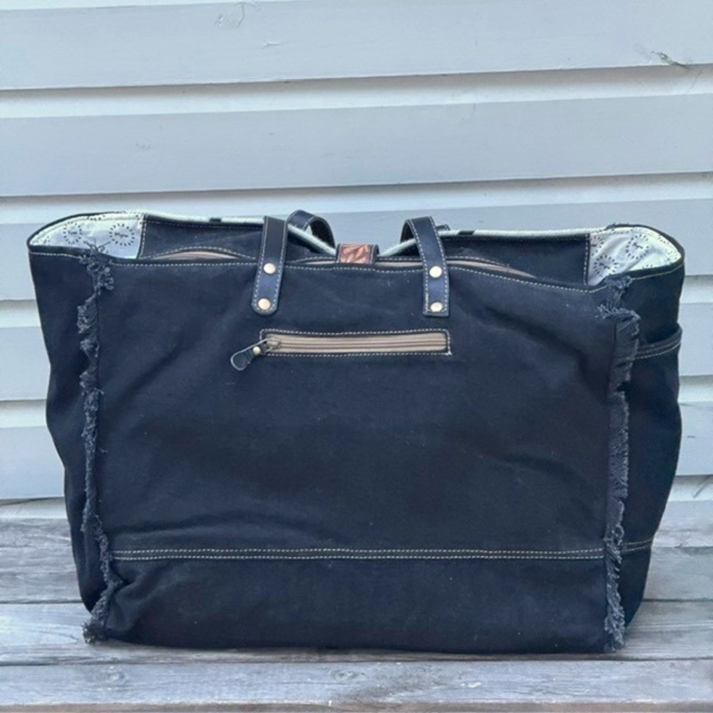 Myra Bag Comely Hand-Tooled Leather Cowhide Canvas Tote Bag Black S-5281 NWT - Picture 2 of 11
